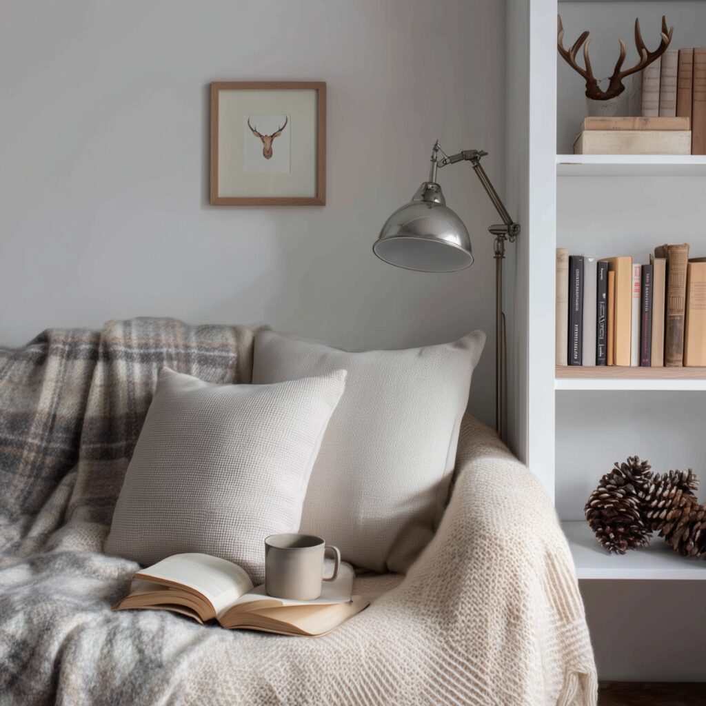 cosy scandi reading nook with textured cushions 