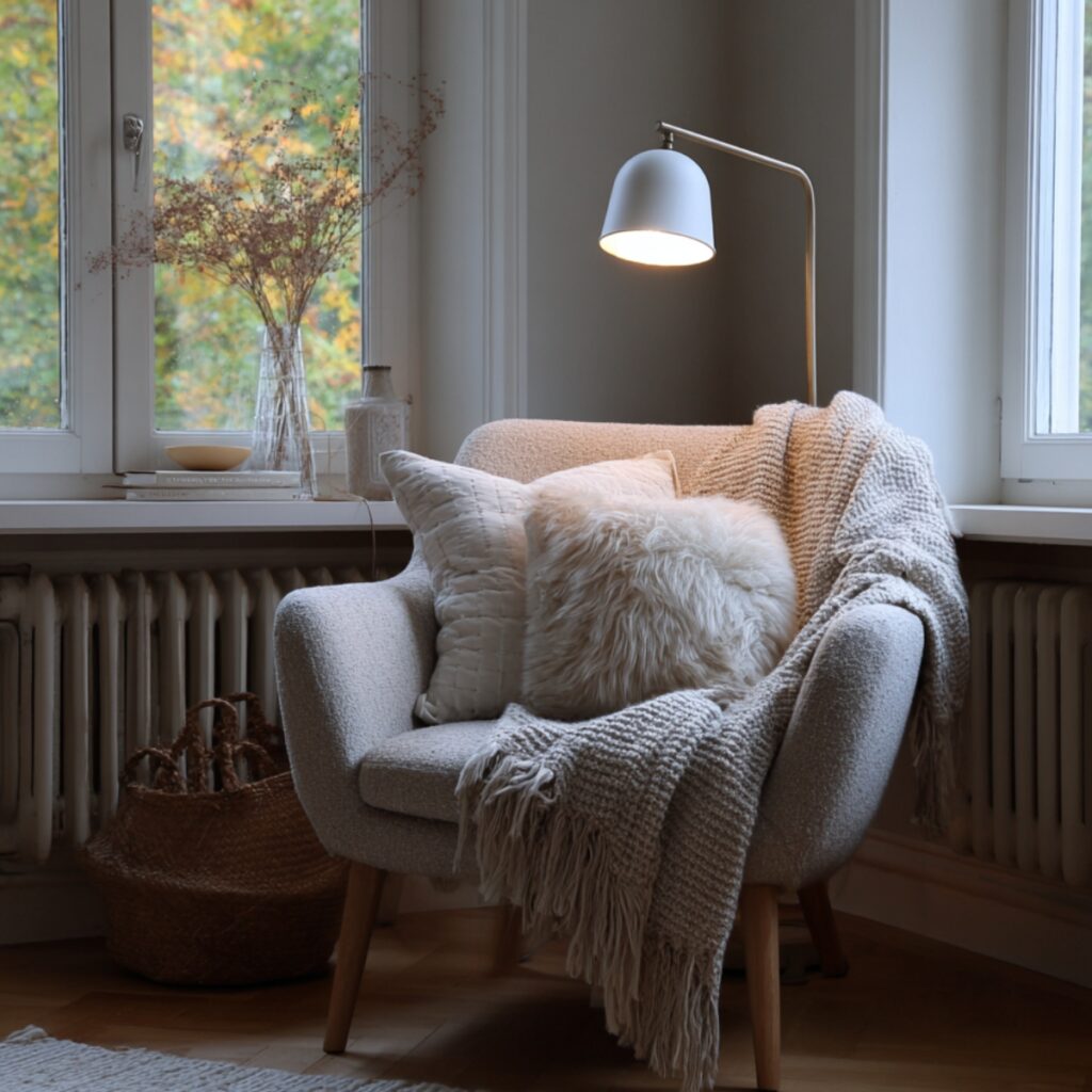 neutral scandi reading nook with boucle chair and minimalist white lamp 