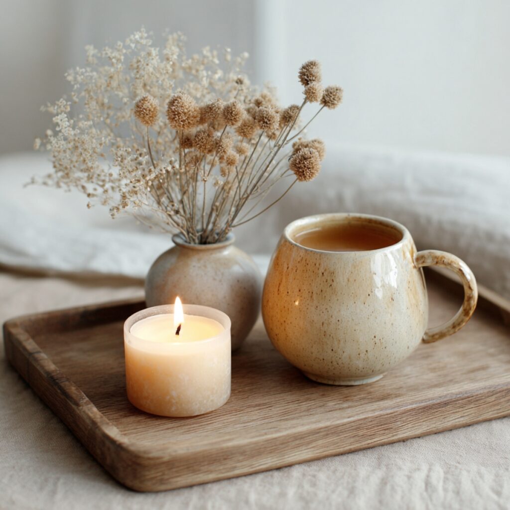 scandi style tray with tea and dried flowers 
